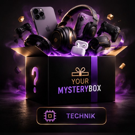 YourMysteryBox in Schwarz, Violett und Gold – symbolische Darstellung